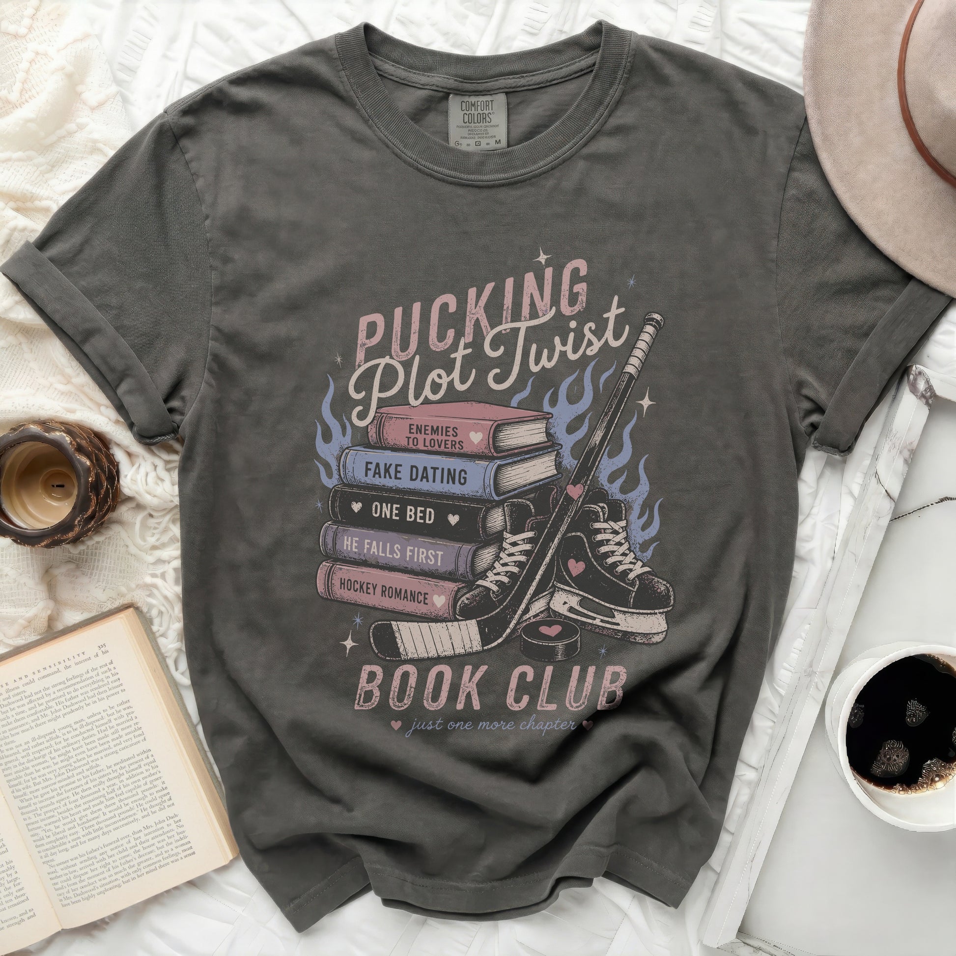 "Book Club" graphic tee with a "Plot Twist" list and roller skates.