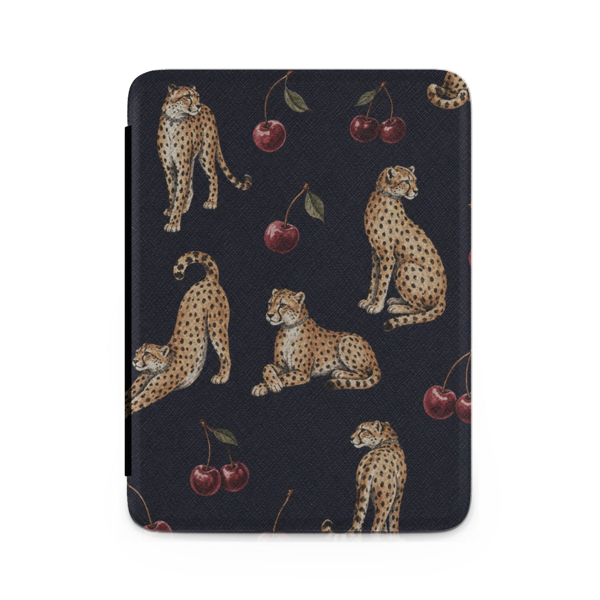 Dark patterned cover with cheetahs and cherries.