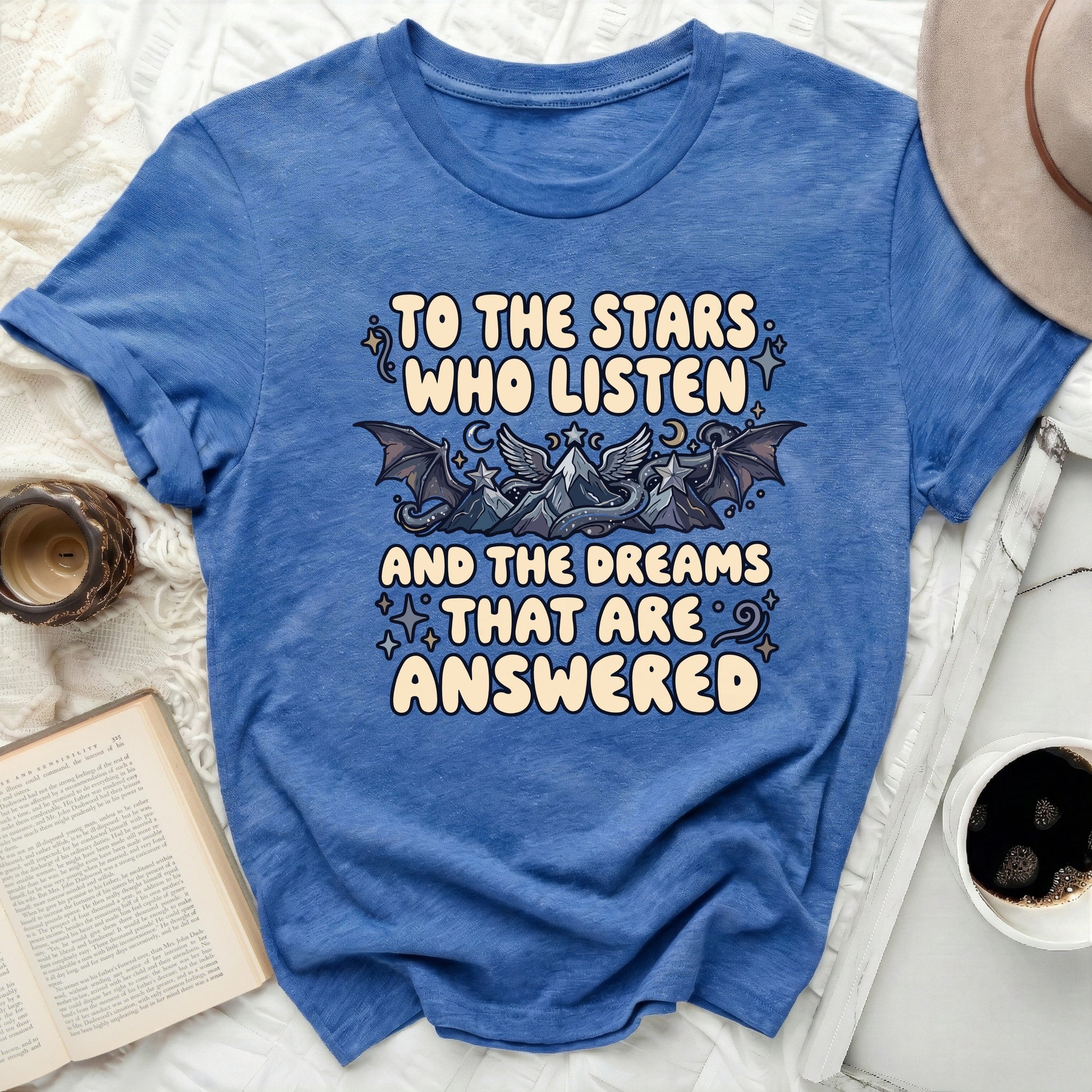 TO THE STARS WHO LISTEN DREAMS THAT ARE ANSWERED product type
Stars Who Listen, Dreams Answered, Fantasy Shirt, Book Lover Gift, ACOTAR Fandom, Night Court Design, Magical Dragon, Mountain Art, Celestial Print, Mythical Creature, Inspiring Quote, Literary Apparel, Dragon Mountains, Unique Graphic, Fae Inspired, Adventure Theme, Enchanting Top, Mystical Design, Spiritual Shirt, Blue Graphic Tee