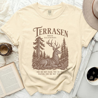 Terrasen House Galathynius graphic tee with deer in forest and quote.