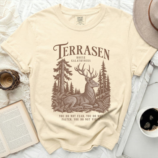 Terrasen House Galathynius graphic tee with deer in forest and quote.