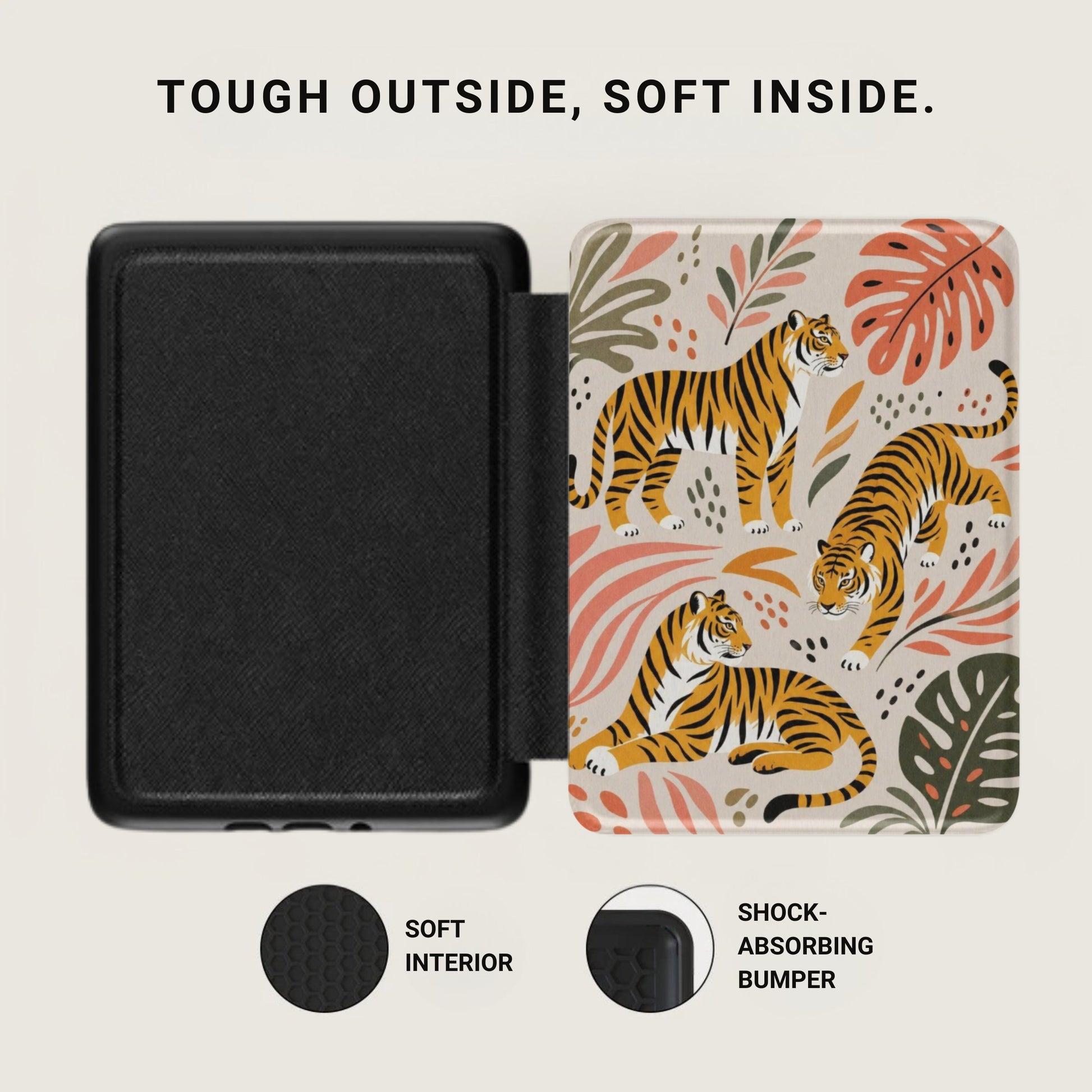 Black case open to show tiger print interior, soft interior, and shock-absorbing bumper.