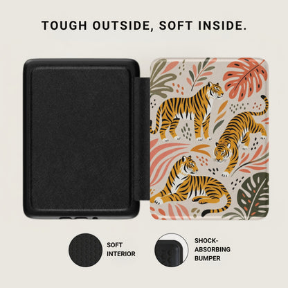 Black case open to show tiger print interior, soft interior, and shock-absorbing bumper.