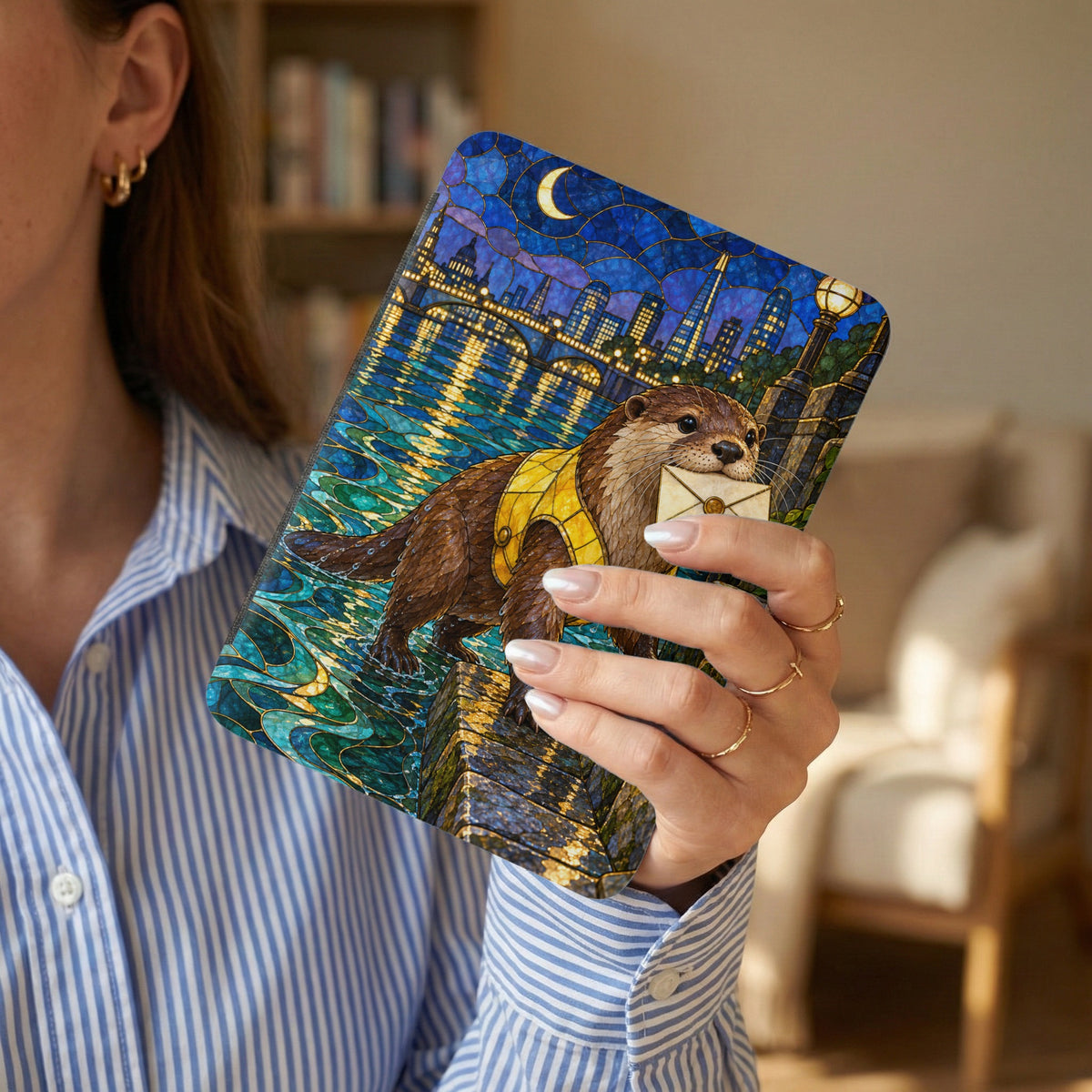 Otter in yellow vest carries letter across stylized London cityscape water at night.