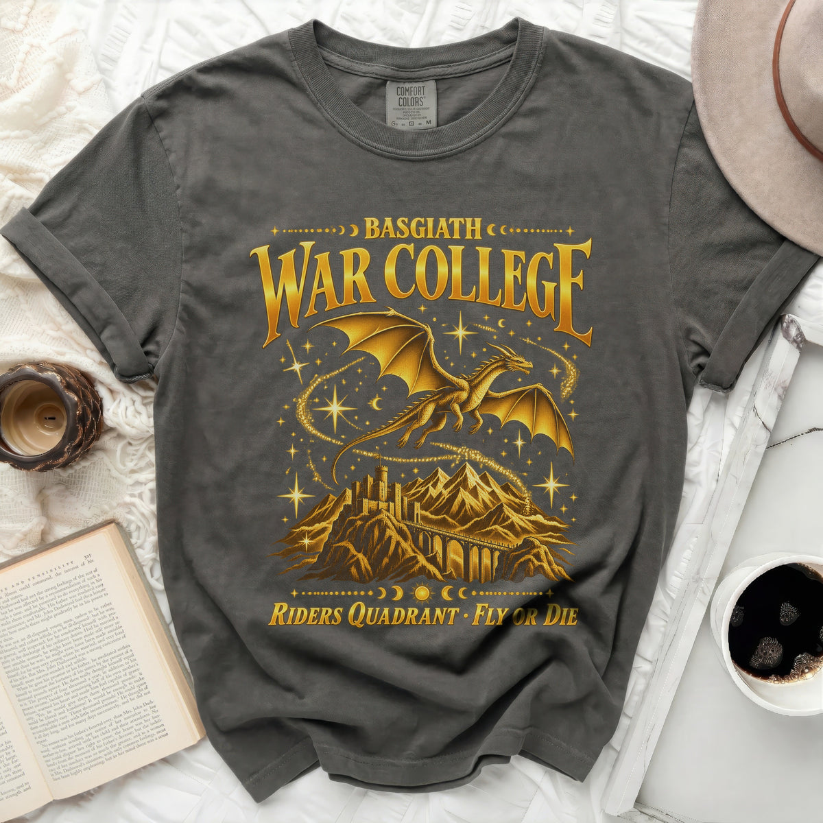 Gray t-shirt with "Basgiath War College" text and gold dragon over mountains.