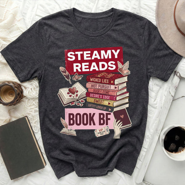 Steamy Reads Book BF Tee in Dark Grey Heather
