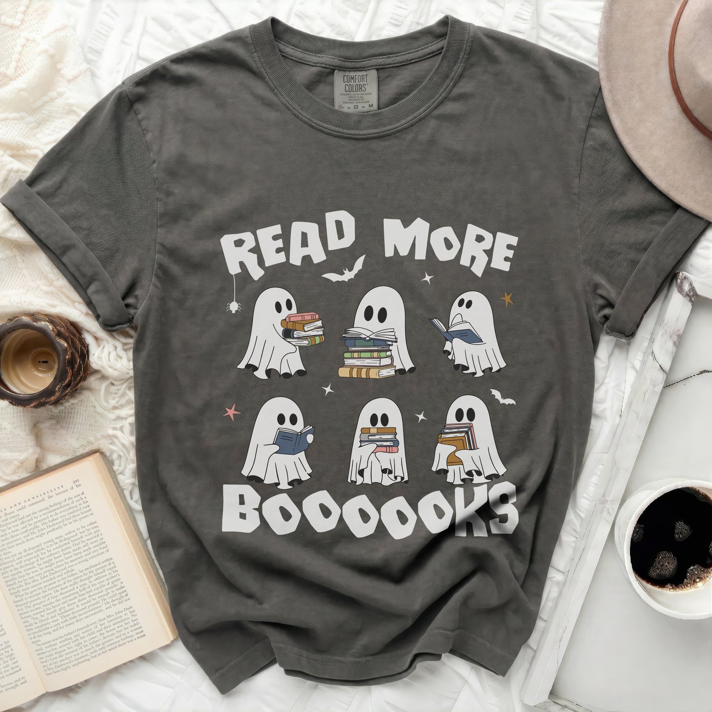 Grey t-shirt with vinyl graphic of ghosts reading books and "READ MORE BOOOOOKS".