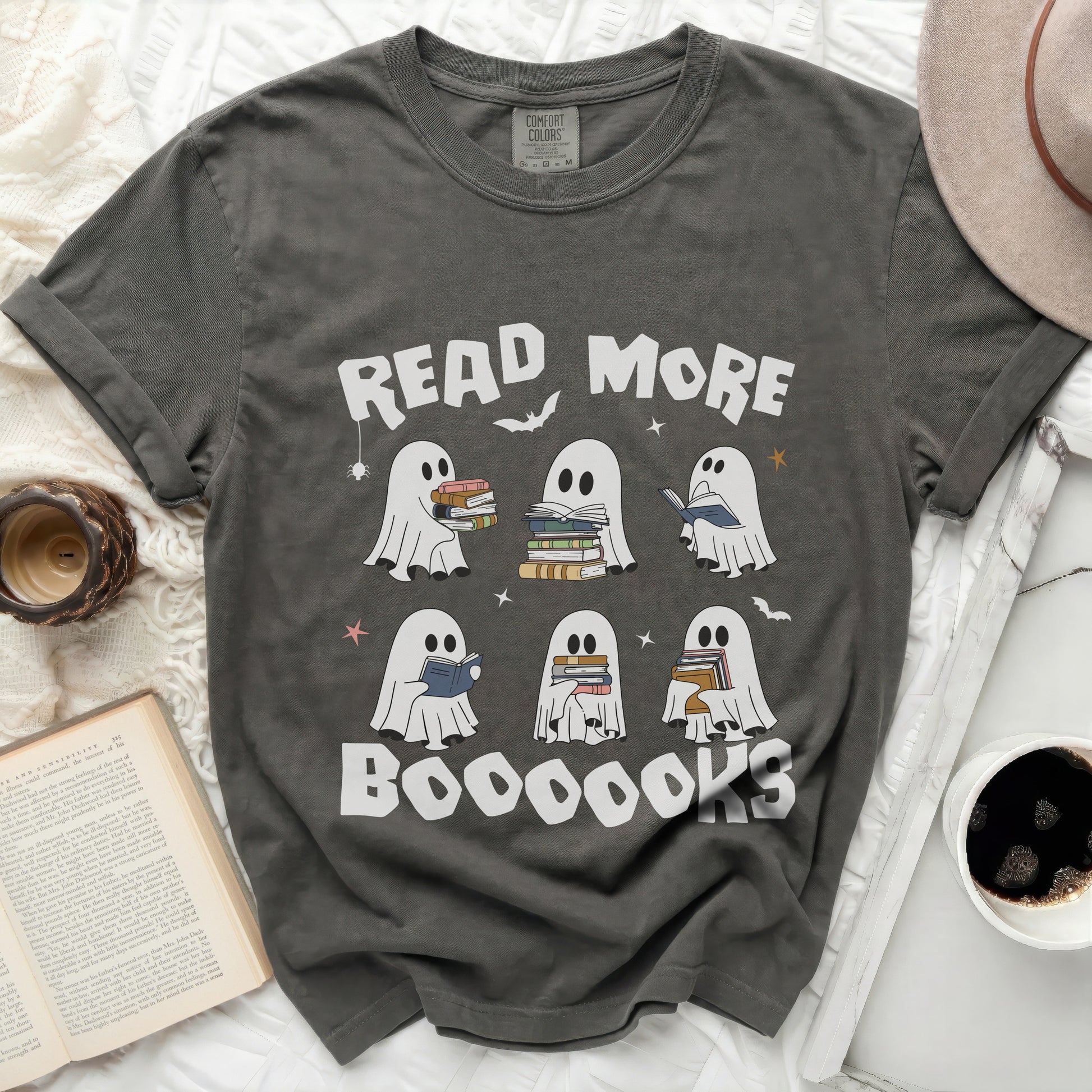 Grey t-shirt with vinyl graphic of ghosts reading books and "READ MORE BOOOOOKS".