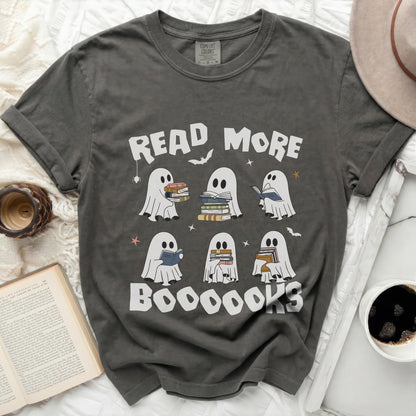 Grey t-shirt with vinyl graphic of ghosts reading books and "READ MORE BOOOOOKS".