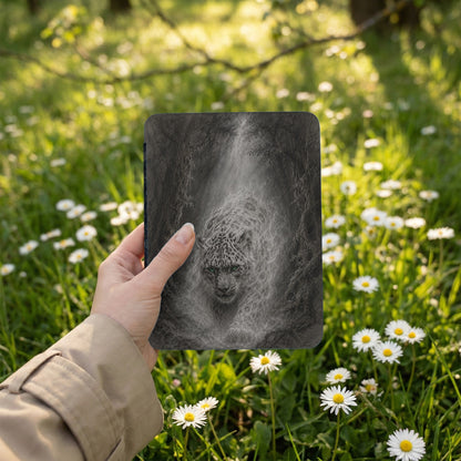 Hand holding a dark, textured object with a dramatic black and white leopard portrait.