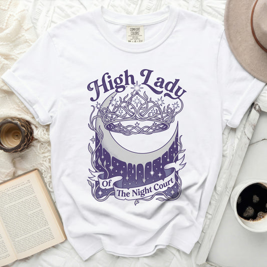 White t-shirt with purple "High Lady Of The Night Court" graphic featuring a crown and moon.