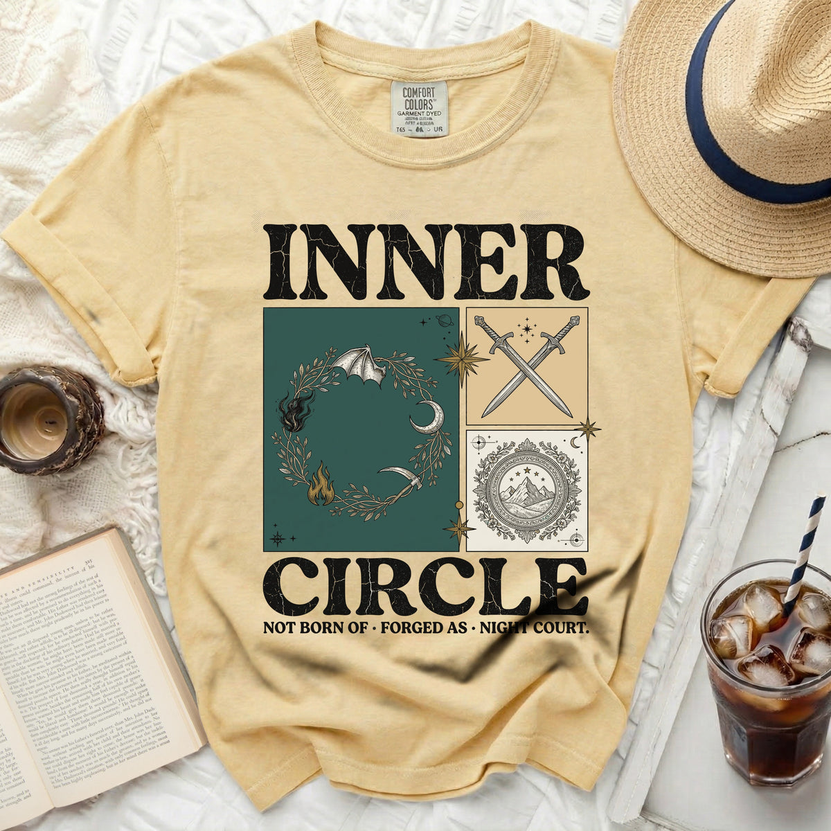 Yellow t-shirt with "INNER CIRCLE NOT BORN OF FORGED AS NIGHT COURT." graphic.