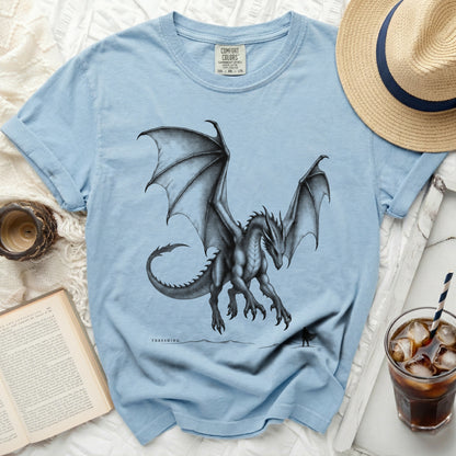 Light blue Comfort Colors t-shirt with a charcoal dragon graphic and "THRESHING" text.