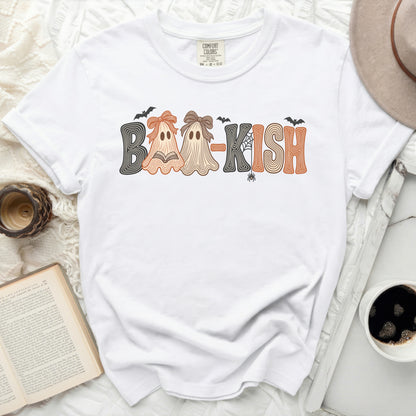 White t-shirt with "Boo-kish" graphic featuring ghosts and Halloween elements.
