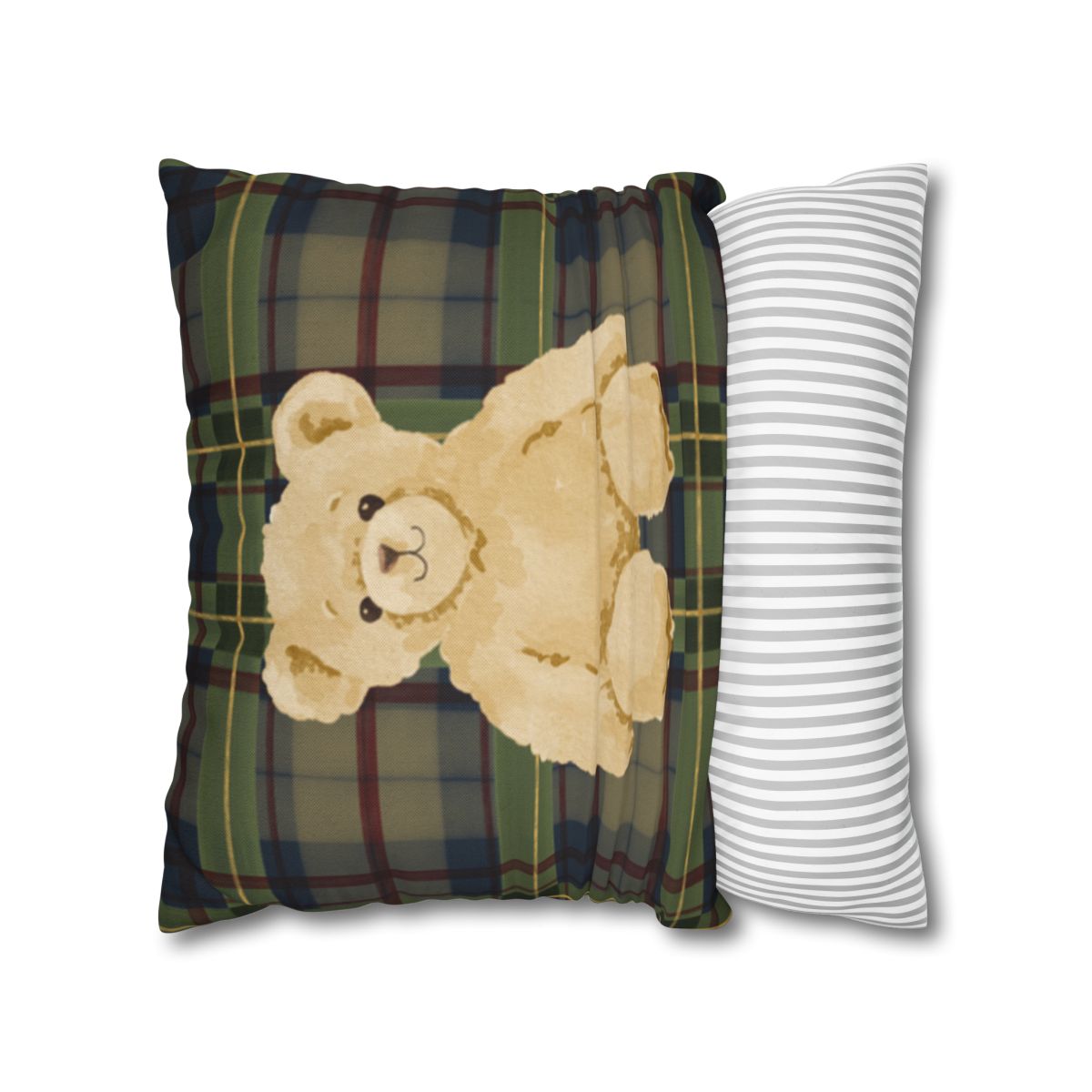 Cozy Plaid Pillow with Cute Teddy Bear Design Pillow