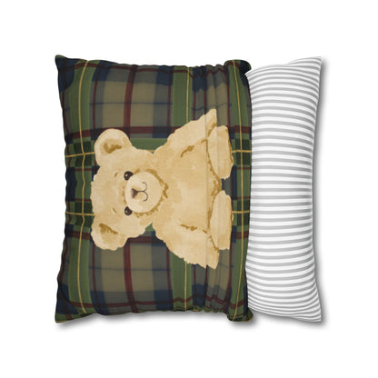 Cozy Plaid Pillow with Cute Teddy Bear Design Pillow