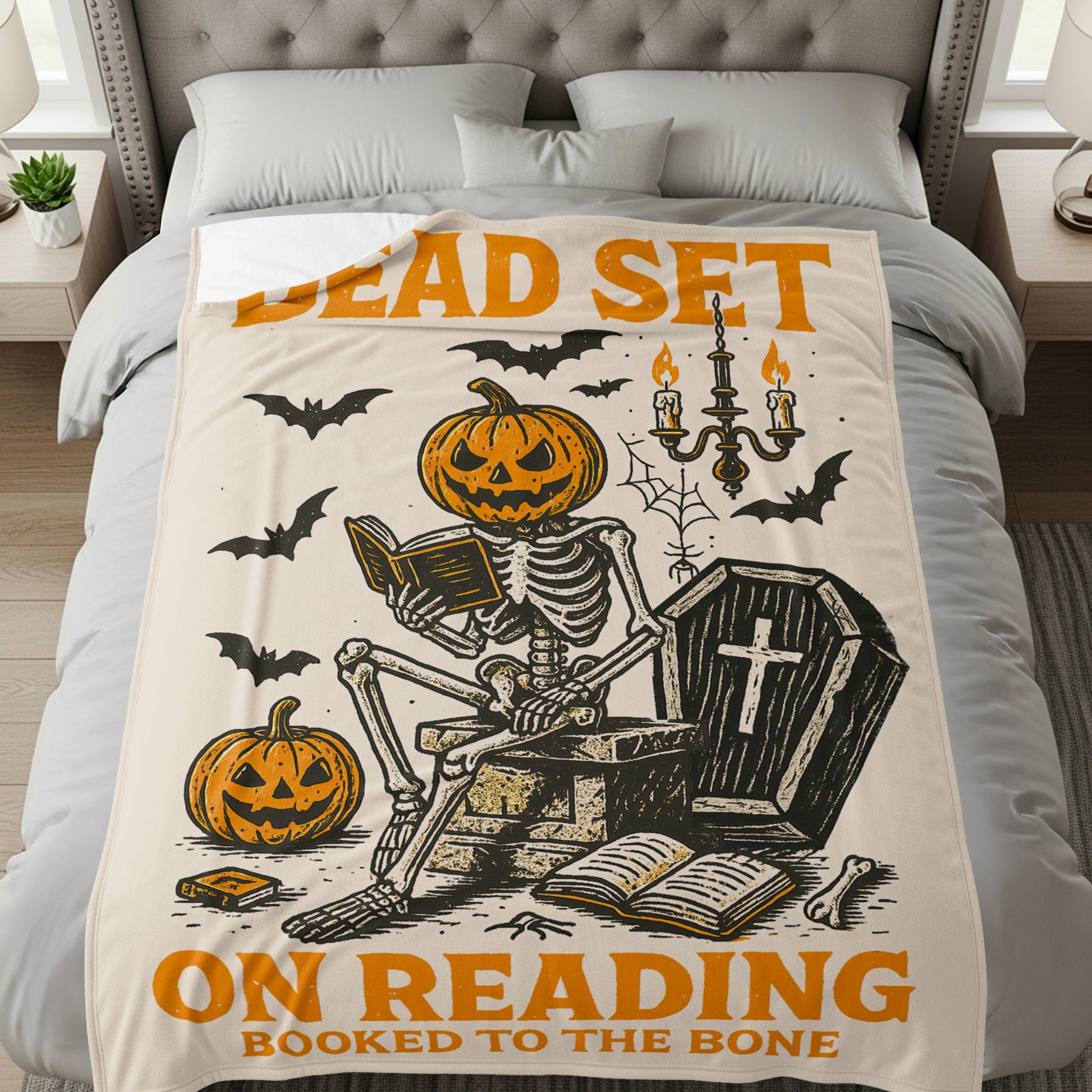 Dead Set on Reading Halloween Skeleton Blanket