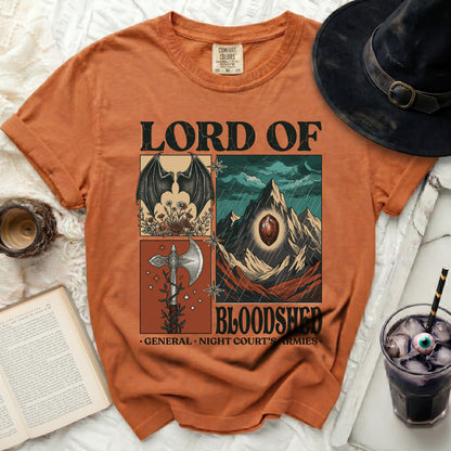 Orange t-shirt with "Lord of Bloodshed General Night Court's Armies" design.