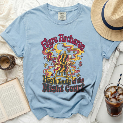 Light blue t-shirt with "Feyre Archeron High Lady of the Night Court" graphic.