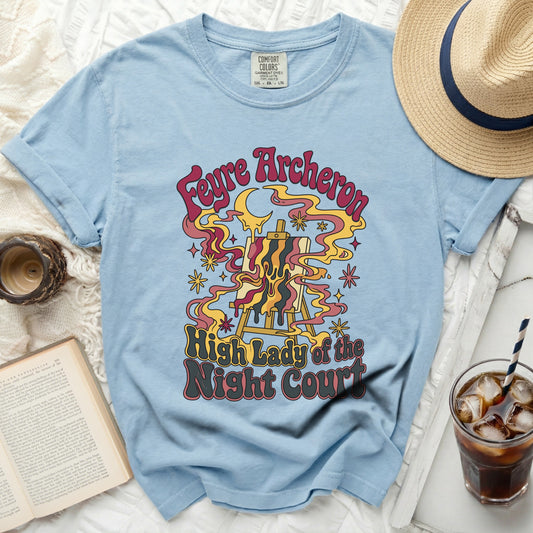 Light blue t-shirt with "Feyre Archeron High Lady of the Night Court" graphic.