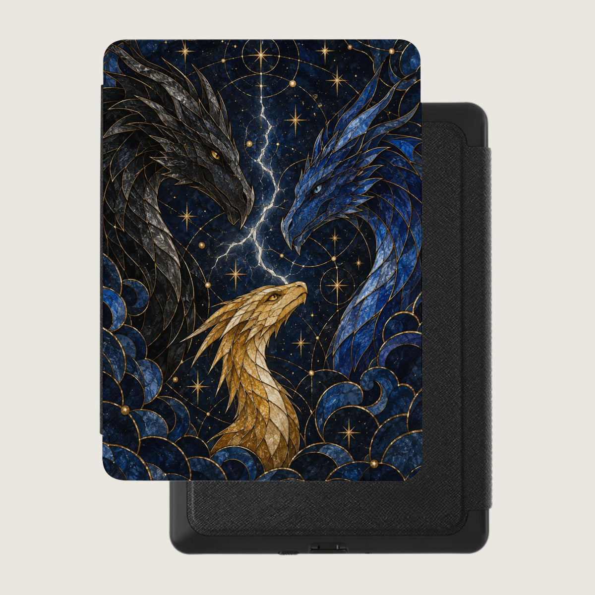Book cover with stained glass-style dragons and starry night background.
