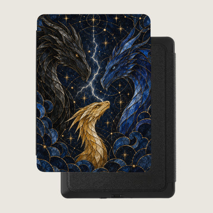 Book cover with stained glass-style dragons and starry night background.