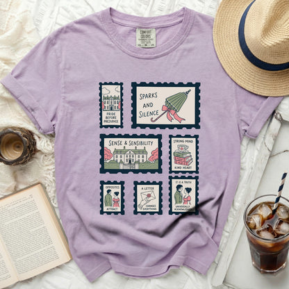 Lavendershirt with postage stamp designs of literary titles and illustrations.