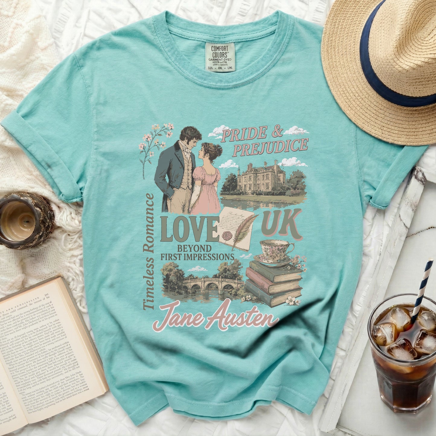 Teal t-shirt with Pride and Prejudice Jane Austen graphic and text.