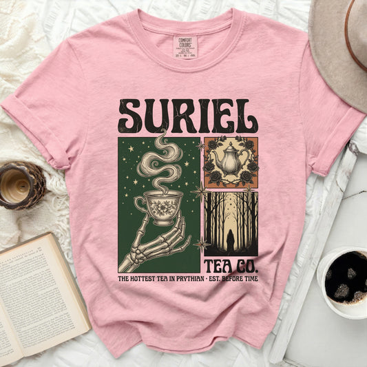 Suriel Tea Co. graphic tee with skeleton hand holding teacup and floral illustrations.