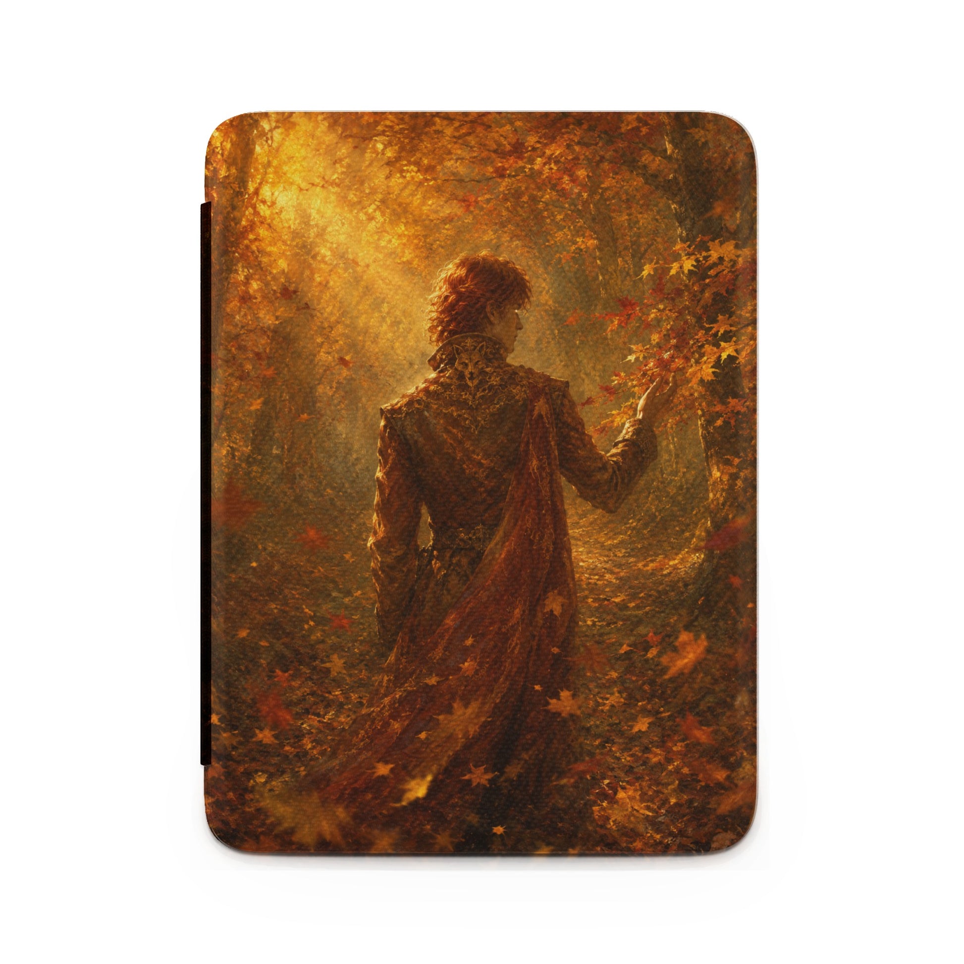 Fantasy art featuring a red-haired figure in ornate robes walking through an autumn forest.