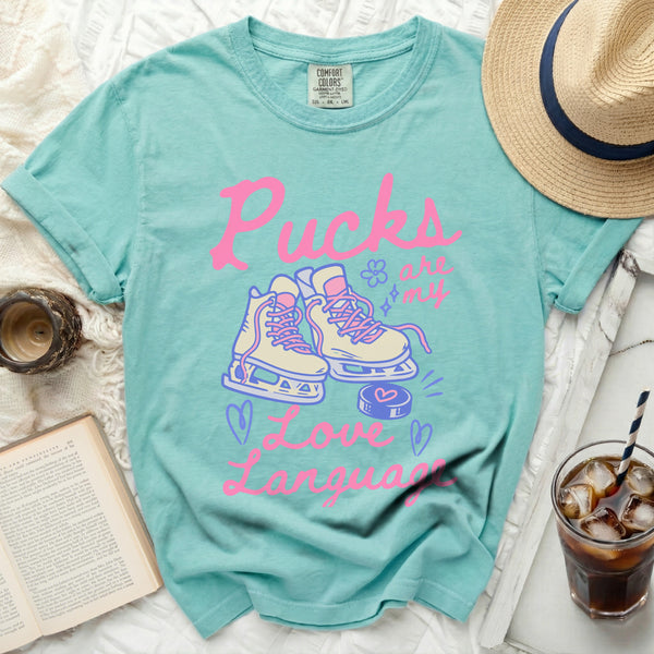 Pucks Are My Love Language Tee in Island Reef