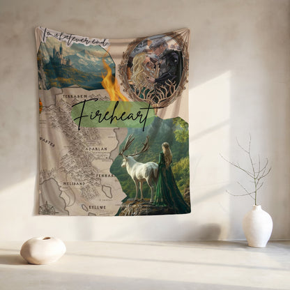 Collage artwork with "To whatever end" and "Fireheart" text, featuring a castle, couple, map, and deer.