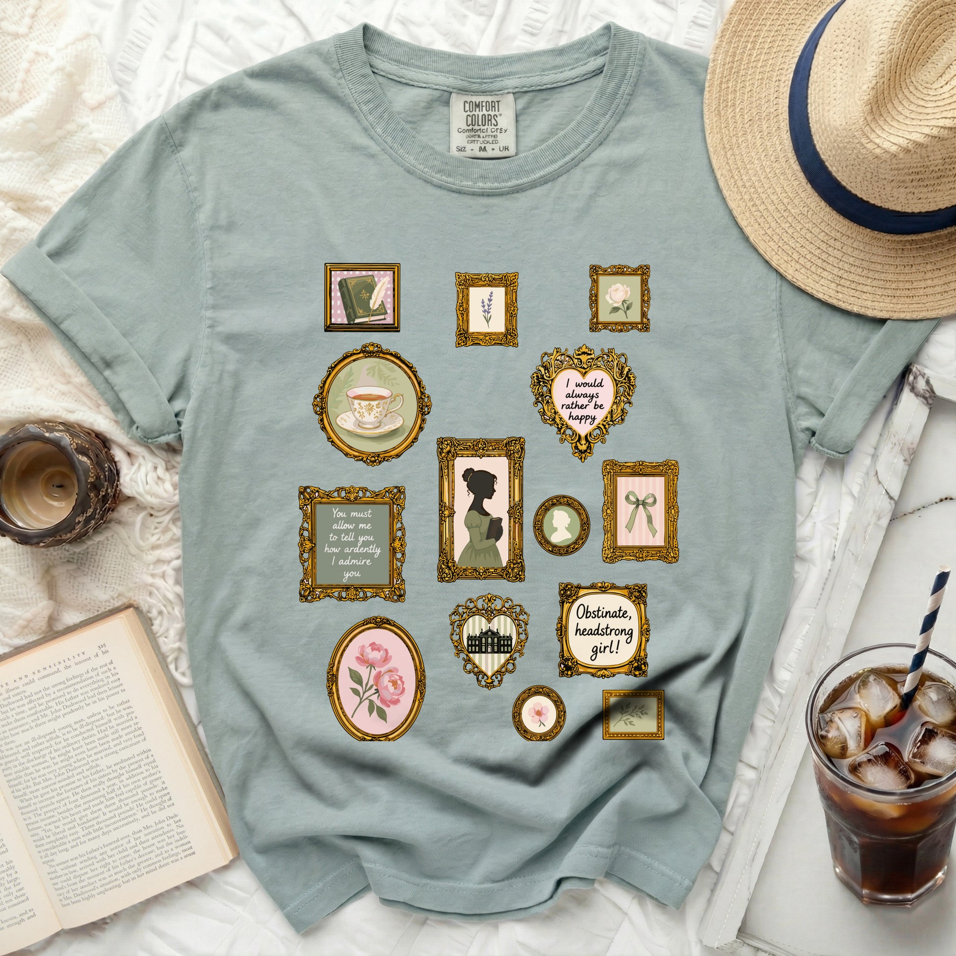 T-shirt with vintage-style framed illustrations and quotes.