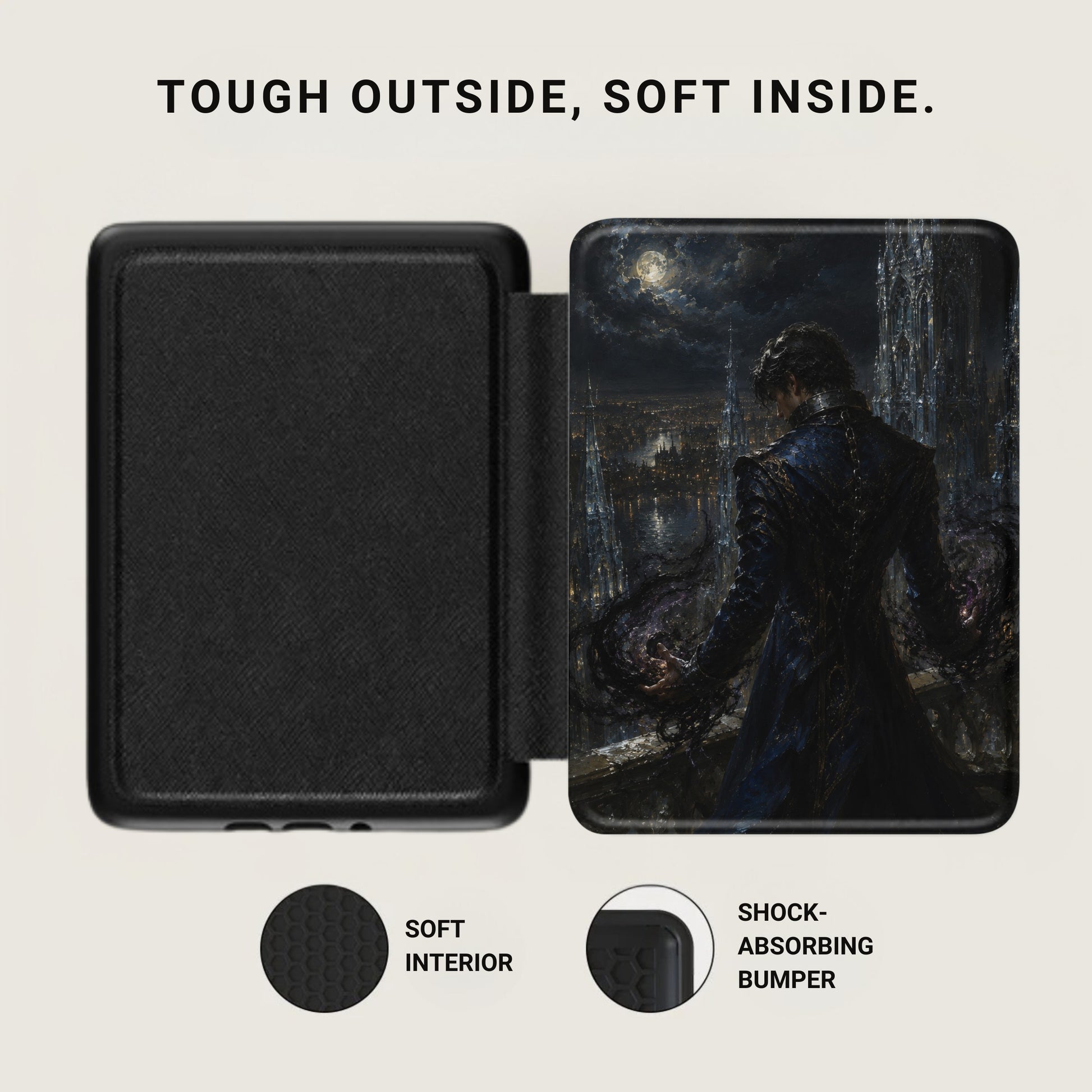 Black case open, showing textured interior and ornate artwork with text "TOUGH OUTSIDE, SOFT INSIDE."