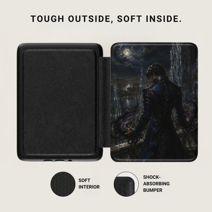 Black case open, showing textured interior and ornate artwork with text "TOUGH OUTSIDE, SOFT INSIDE."