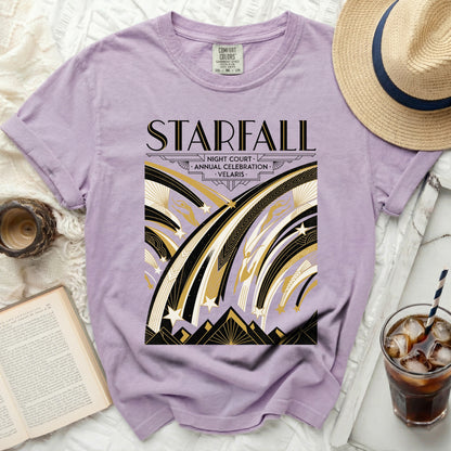 Purple t-shirt with "Starfall Night Court Annual Celebration Velaris" graphic.