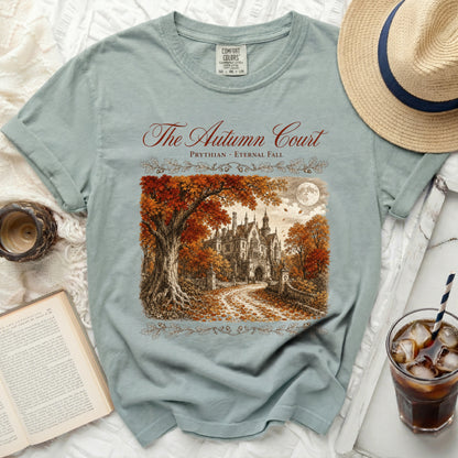 Comfort Colors t-shirt with "The Autumn Court" and castle graphic.