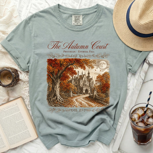 Comfort Colors t-shirt with "The Autumn Court" and castle graphic.
