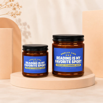 Two glass jars with blue labels reading "Smells like Reading is My Favorite Sport"