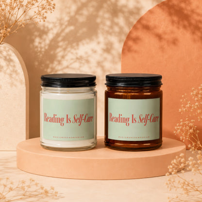 Two candles, one clear and one amber, with "Reading Is Self-Care" labels.