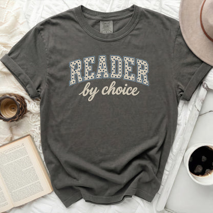 Charcoal gray t-shirt with "READER by choice" graphic and Comfort Colors tag.