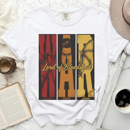 White t-shirt with "WAR Lord of Bloodshed" graphic featuring three panels.