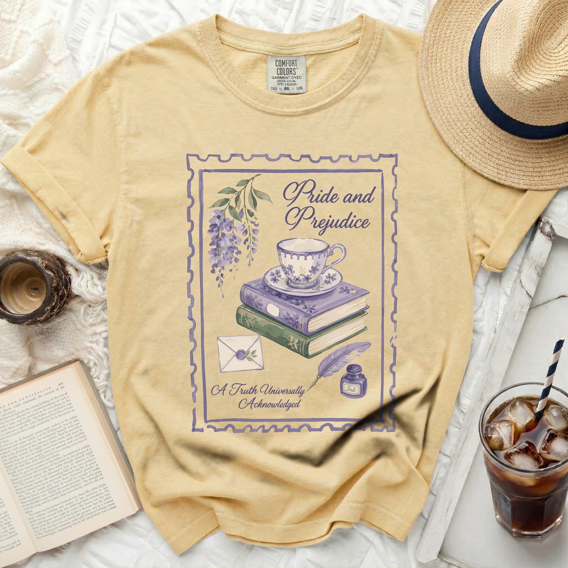 Yellow t-shirt with "Pride and Prejudice" stamp design.