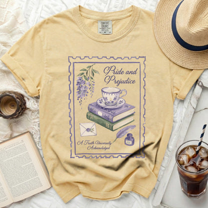 Yellow t-shirt with "Pride and Prejudice" stamp design.