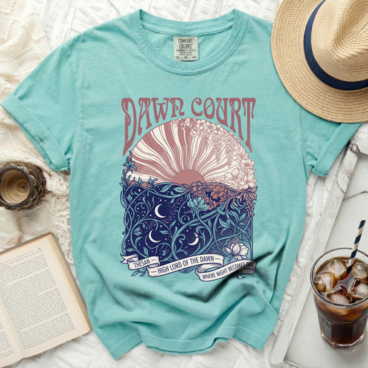 Teal t-shirt with "Dawn Court" and "Thesan - High Lord of the Dawn" text.