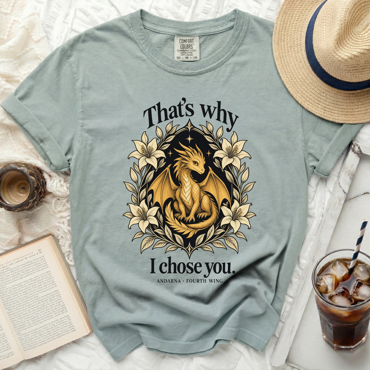 Light blue t-shirt with golden dragon design and text "That's why I chose you."