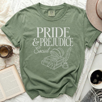 Sage green t-shirt with Pride and Prejudice Social graphic.