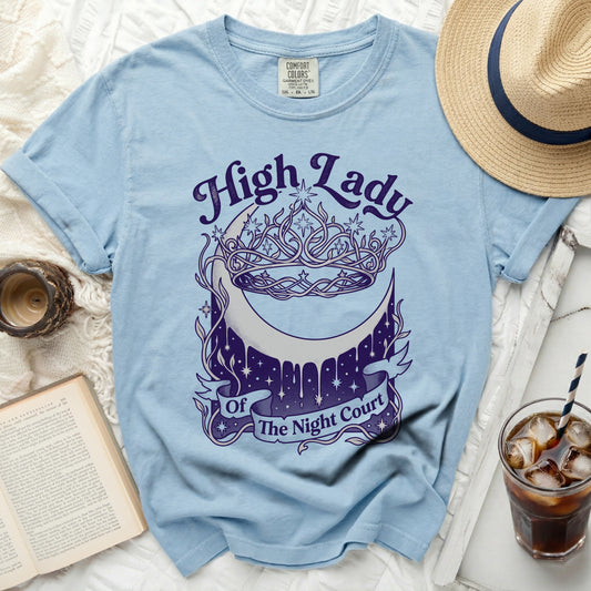 Light blue t-shirt with a moon, crown, and "High Lady Of The Night Court" text.