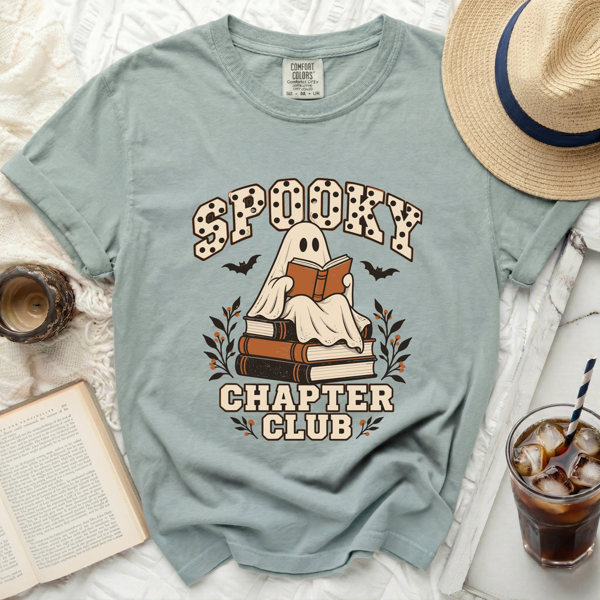 Ghost reading on books with text Spooky Chapter Club