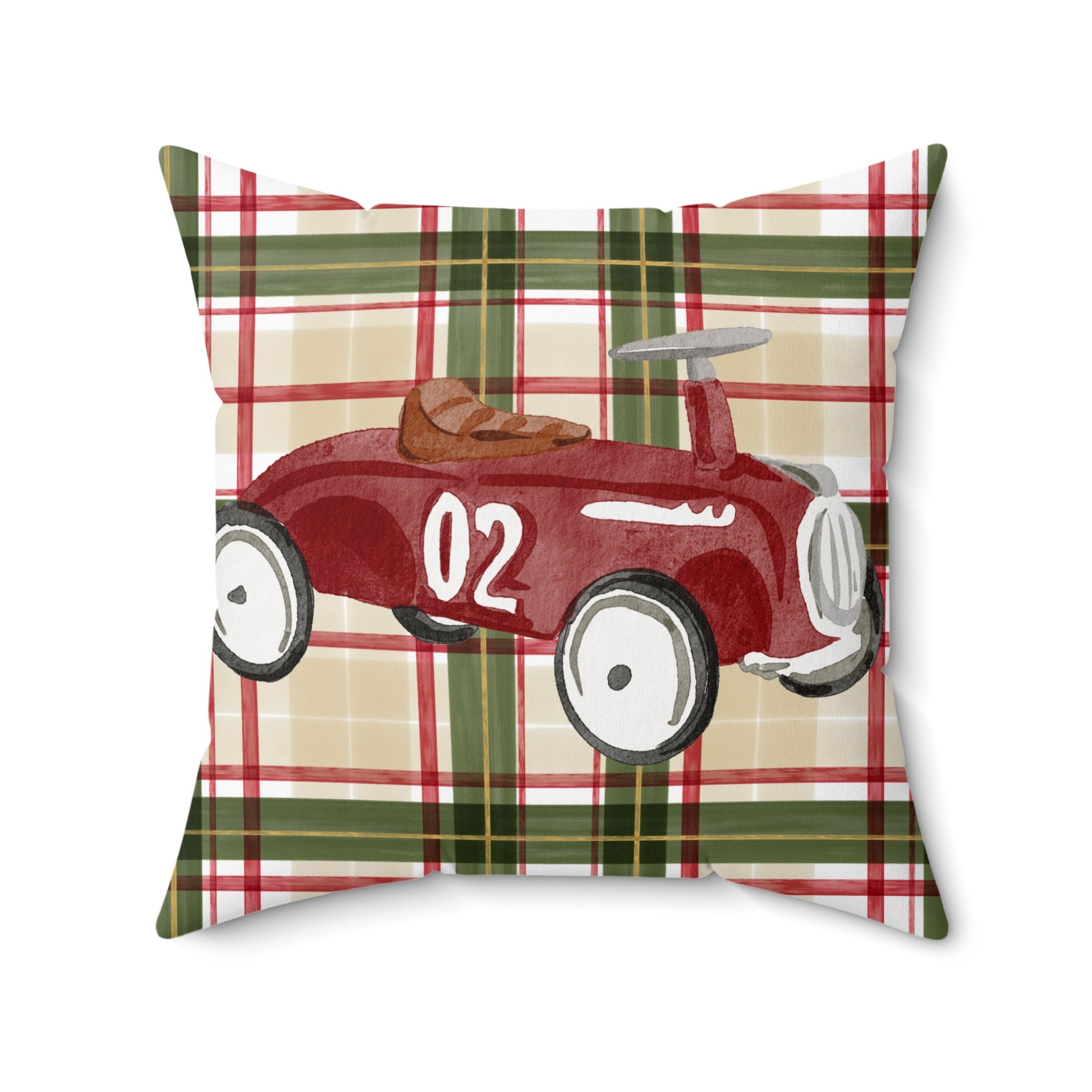Vintage Red Toy Car on Plaid Throw Pillow Product